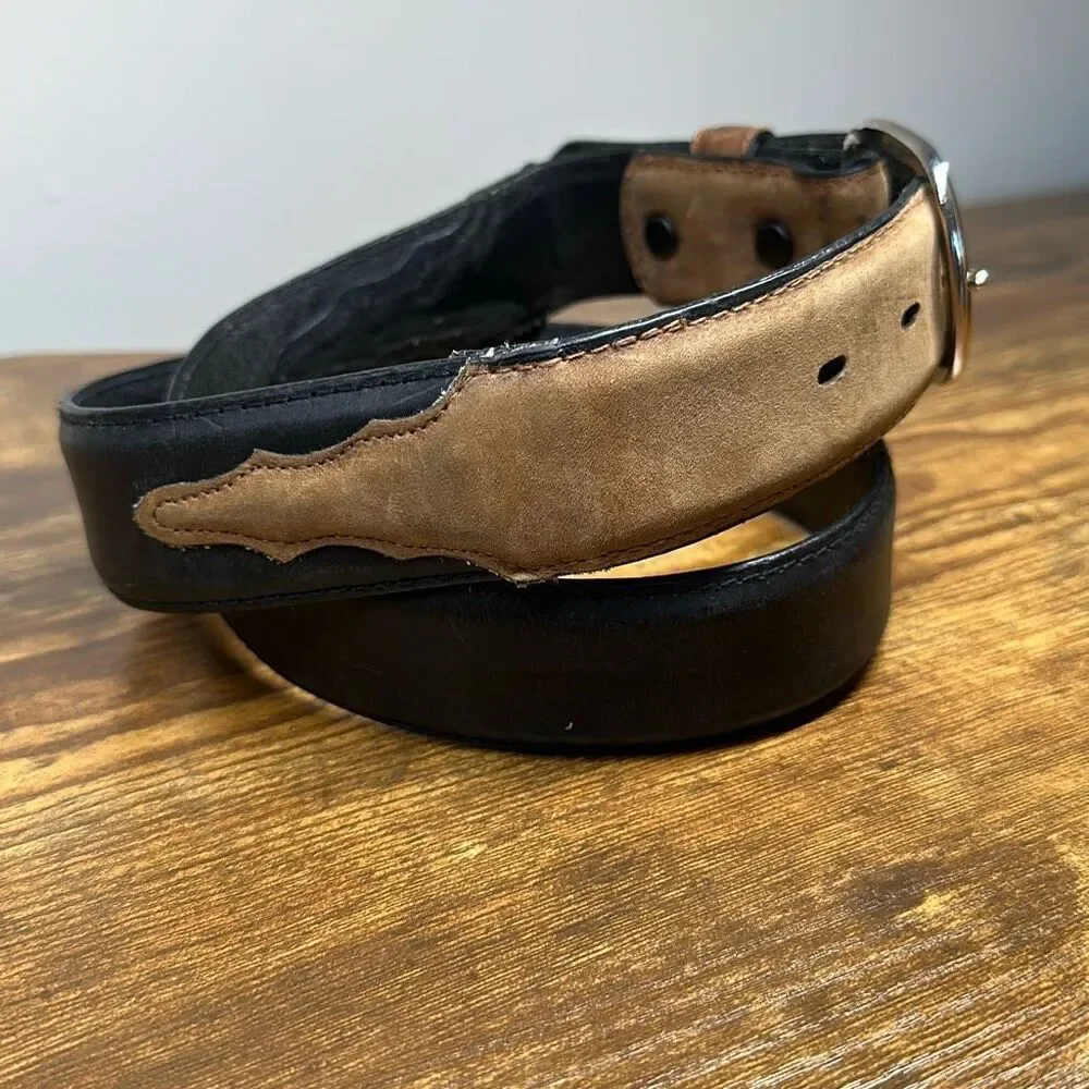 Mens‎ Western Two Tone Genuine Leather Belt Tan Black 36 4070R Silver Buckle